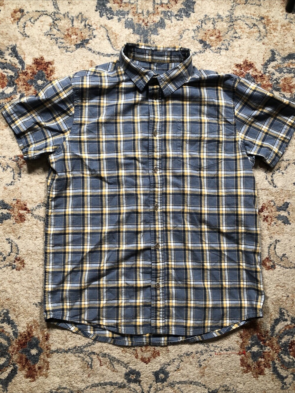 Prana Button Down Shirt Short Sleeve Check Blue Chest Pockets Size M